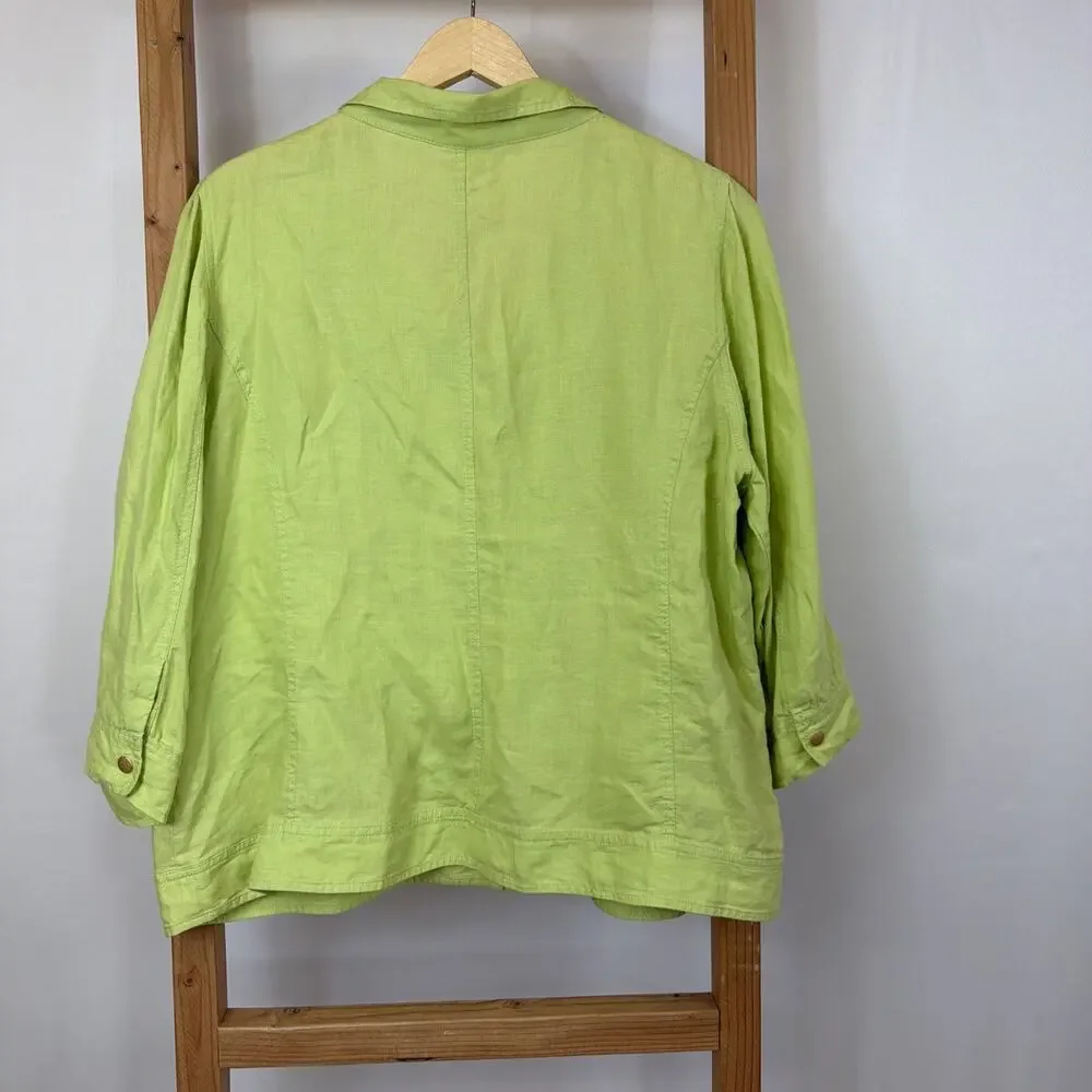 Chico’s Women’s Lime Green Lightweight Snap Closure Jacket XL Gold Tone Accents